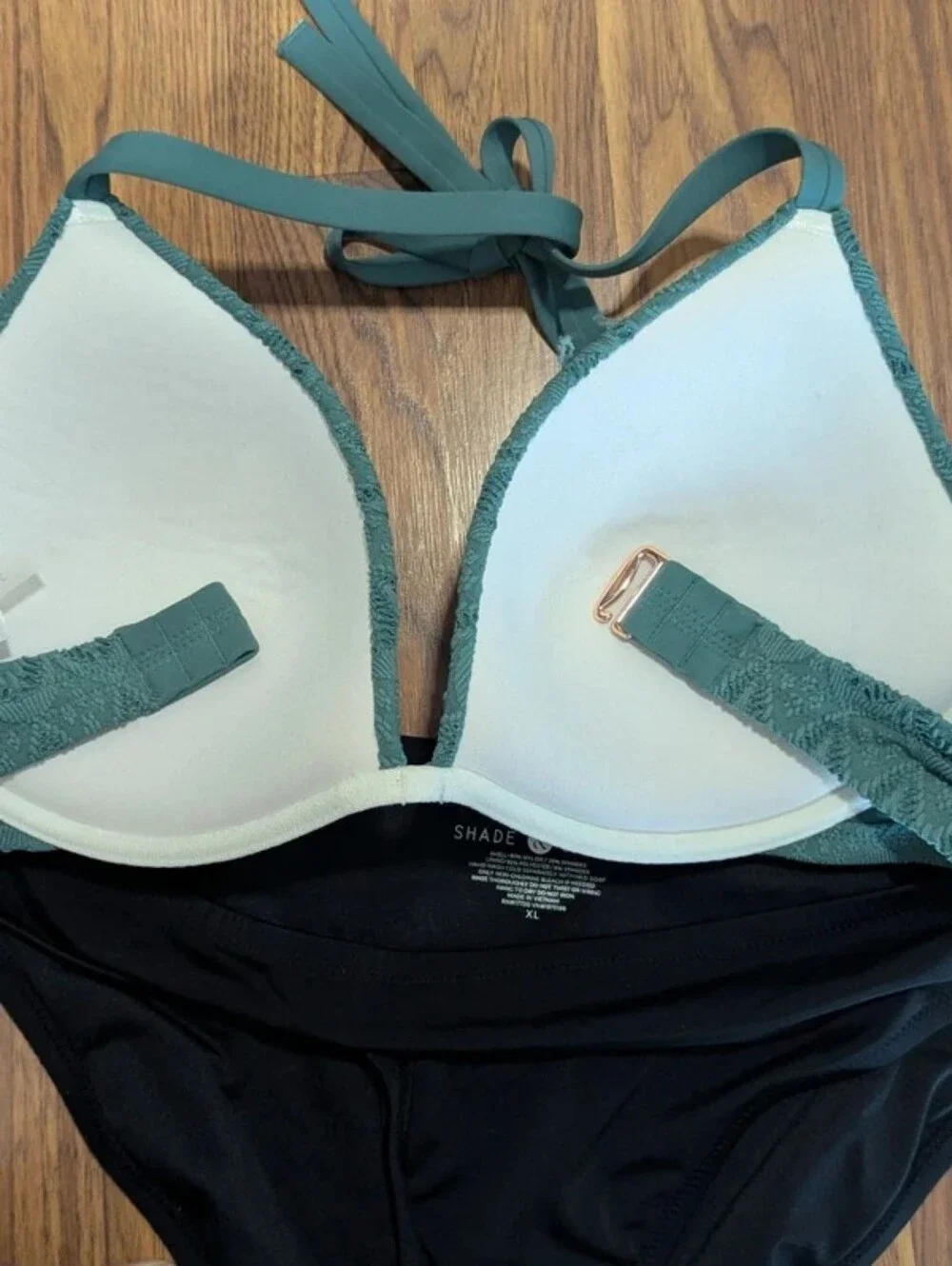 Shade & Shore Teal Lace-Textured Halter Bikini Top with Black Bottoms